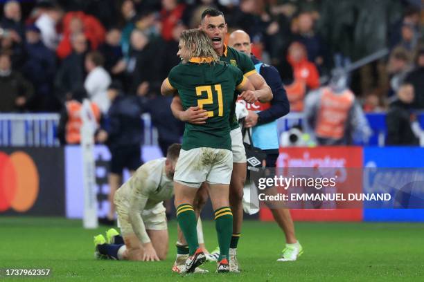 South Africa's scrum-half Faf de Klerk and South Africa's outside centre Jesse Kriel celebrate after South Africa won the France 2023 Rugby World Cup...