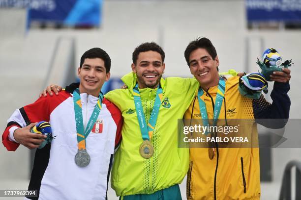 Brazil's Lucas Rabelo Nobre , gold medal; Peru's Angelo Caro , silver medal; and Colombia's Luis Gonzalez , bronze medal; pose during the podium...