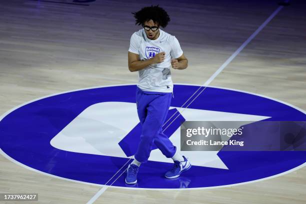 Jared McCain of the Duke Blue Devils is introduced during Countdown to Craziness at Cameron Indoor Stadium on October 20, 2023 in Durham, North...