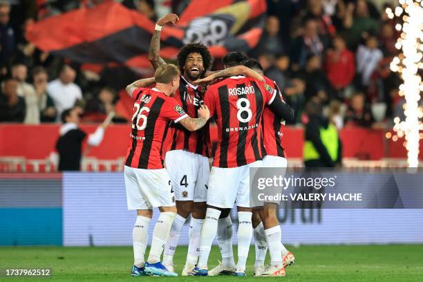 Nice's Brazilian defender Dante celebrates after winning the French L1 football match between OGC Nice and Marseille OM at the Allianz Riviera...