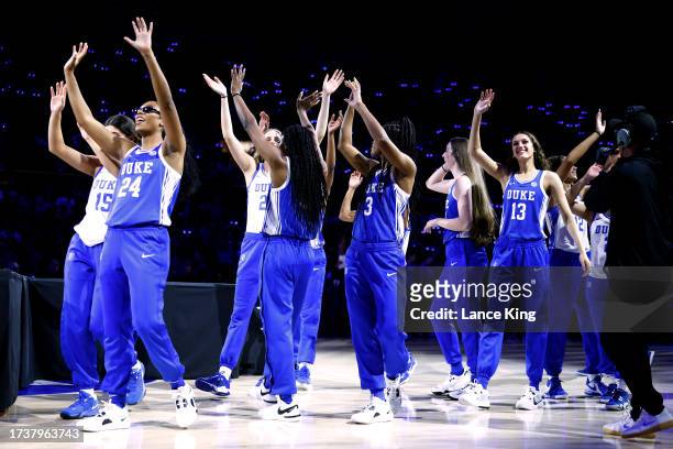 Players of the Duke Blue Devils are introduced during Countdown to Craziness at Cameron Indoor Stadium on October 20, 2023 in Durham, North Carolina.