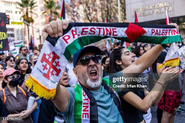 Faiq Ady raises his voice in support during a Pro-Palestinian march to protest Israel's attacks on Gaza at a rally held at Pershing Square on...