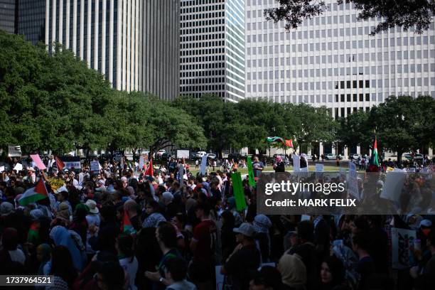 People rally in support of Palestinians in Houston, Texas on October 21 amid ongoing conflict between Israel and Hamas.