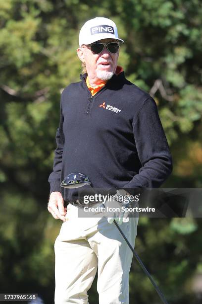 Miguel Angel Jimenez watches his shot from the 3rd tee during the second round of the Dominion Energy Charity Classic on October 21 at The Country...