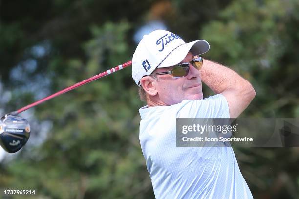 John Huston drives the ball from the 3rd tee during the second round of the Dominion Energy Charity Classic on October 21 at The Country Club of...