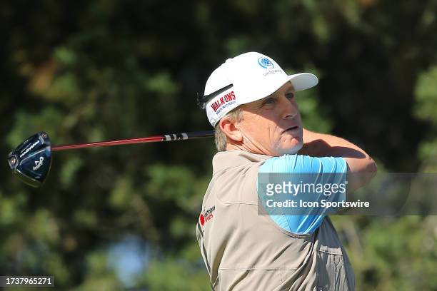 David Toms drives the ball from the 3rd tee during the second round of the Dominion Energy Charity Classic on October 21 at The Country Club of...