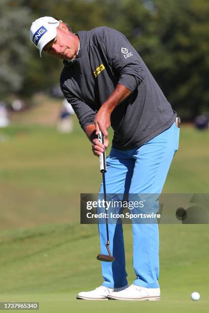 Chris DiMarco watches his putt on the 17th green during the second round of the Dominion Energy Charity Classic on October 21 at The Country Club of...