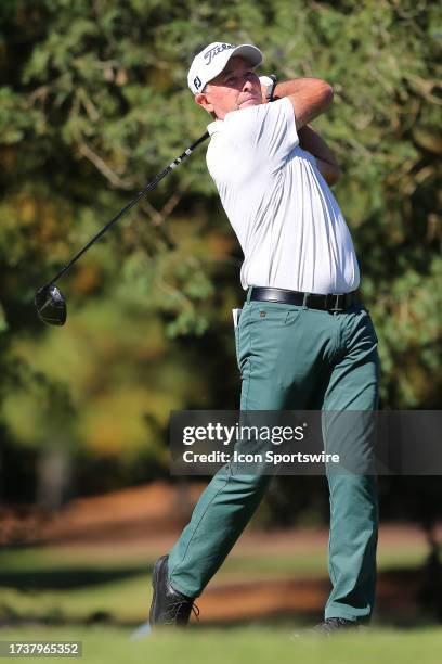 David McKenzie drives the ball from the 3rd tee during the second round of the Dominion Energy Charity Classic on October 21 at The Country Club of...