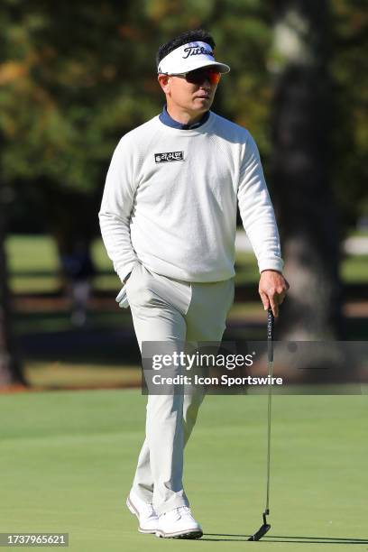 Yang strolls onto the 2nd green during the second round of the Dominion Energy Charity Classic on October 21 at The Country Club of Virginia played...