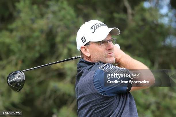 Robert Karlsson drives the ball from the 3rd tee during the second round of the Dominion Energy Charity Classic on October 21 at The Country Club of...