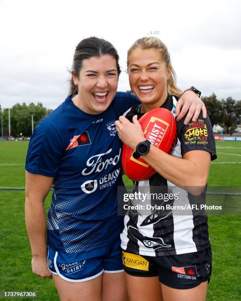 Former teammates of the Mayo Ladies Soccer Club in Ireland and now AFLW stars Rachel Kearns of the Cats and Sarah Rowe of the Magpies pose for a...