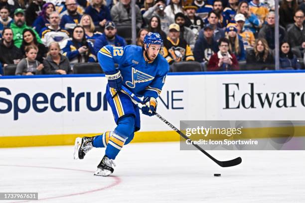 St. Louis Blues center Kevin Hayes cuts back in the offensive zone looking for a shooting lane during a regular season game between the Pittsburgh...