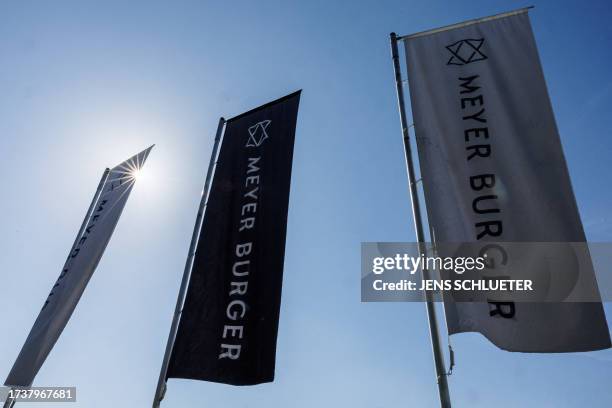 Flags are seen outside the solar cell plant of Swiss group Meyer Burger in Bitterfeld-Wolfen, eastern Germany on September 26, 2023. A decade after a...