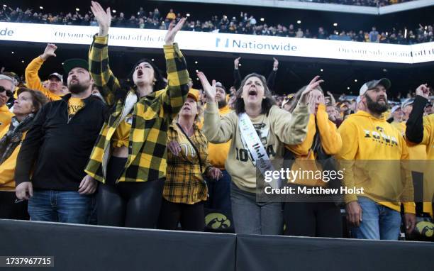 Fans react after the Iowa Hawkeyes had a touchdown called back late in the second half against the Minnesota Golden Gophers at Kinnick Stadium on...