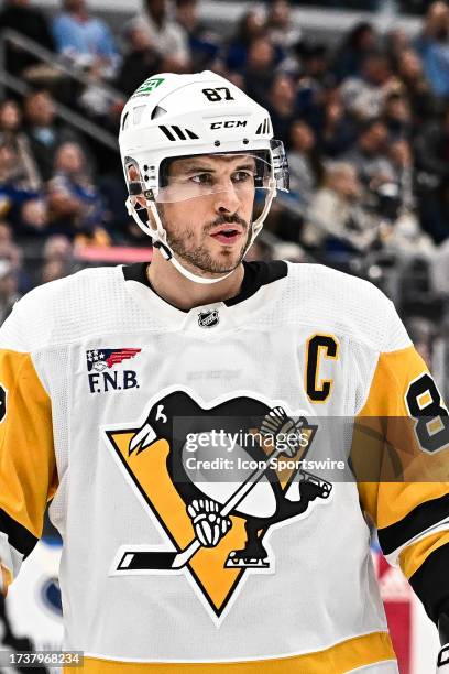 Pittsburgh Penguins center Sidney Crosby during a regular season game between the Pittsburgh Penguins and the St. Louis Blues on October 21 2023, at...