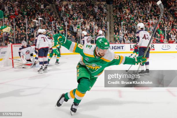 Marcus Johansson of the Minnesota Wild celebrates his goal against the Columbus Blue Jackets during the game at the Xcel Energy Center on October 21,...