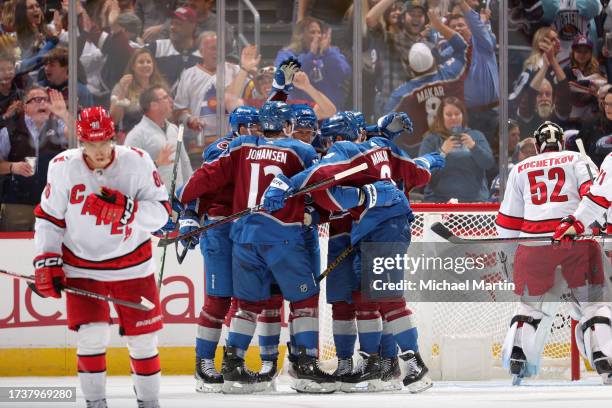 Nathan MacKinnon, Ryan Johansen, Mikko Rantanen, Artturi Lehkonen and Cale Makar of the Colorado Avalanche celebrate a goal against the Carolina...