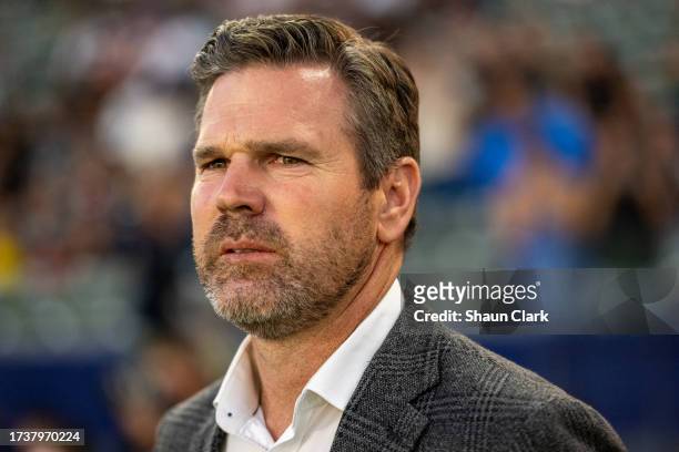 Head coach Greg Vanney of Los Angeles Galaxy looks on prior to the game against FC Dallas at Dignity Health Sports Park on October 21, 2023 in Los...