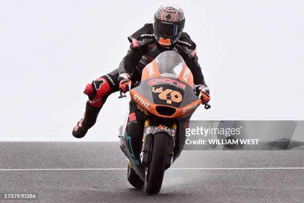 Pons Wegow Los40 rider Aron Canet of Spain heads to second place in the Moto2 class of the MotoGP Australian Grand Prix at Phillip Island on October...