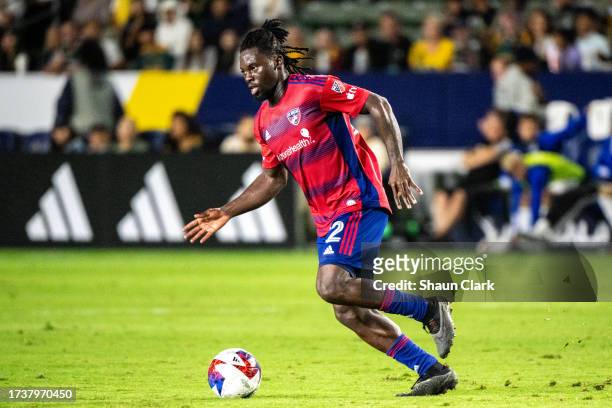 Ema Twumasi of FC Dallas controls the ball during the game against Los Angeles Galaxy at Dignity Health Sports Park on October 21, 2023 in Carson,...