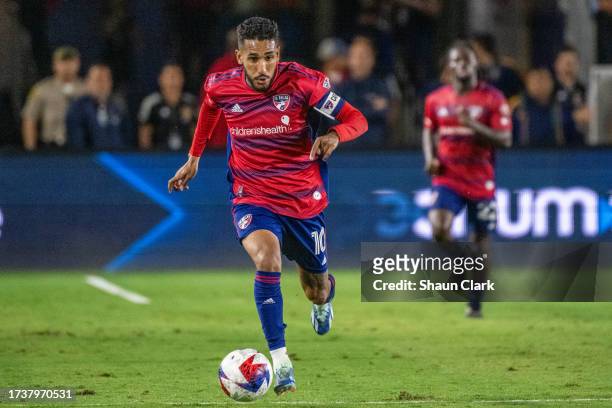 Jesús Ferreira of FC Dallas controls the ball during the game against Los Angeles Galaxy at Dignity Health Sports Park on October 21, 2023 in Carson,...