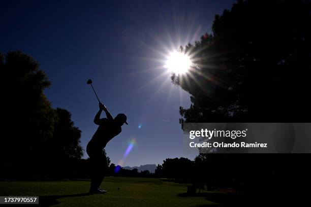 Adam Hadwin of Canada plays his shot from the 16th tee during the final round of the Shriners Children's Open at TPC Summerlin on October 15, 2023 in...