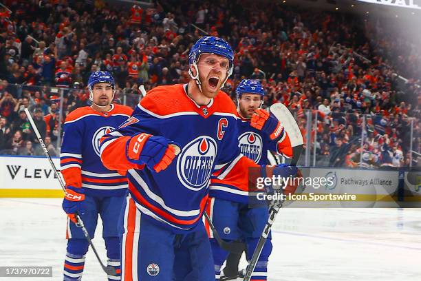 Edmonton Oilers Center Connor McDavid celebrates a goal scored by Edmonton Oilers Defenceman Darnell Nurse in the first period of the Edmonton Oilers...