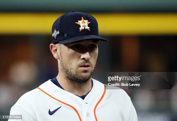 Alex Bregman of the Houston Astros looks on before Game One of the American League Championship Series against the Texas Rangers at Minute Maid Park...