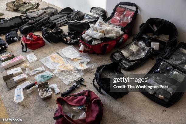 Cache of medical supplies Israeli forces captured together with Hamas weapons shown to the media at a military base in southern Israel on October...