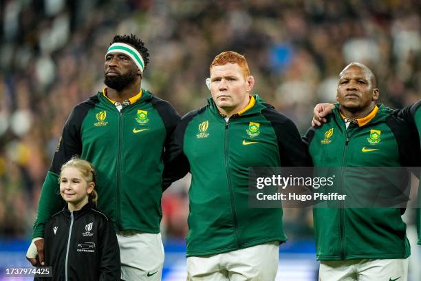 Siya KOLISI of South Africa, Steven KITSHOFF of South Africa, Mbongeni MBONAMBI of South Africa during the Rugby World Cup Semi-final match between...