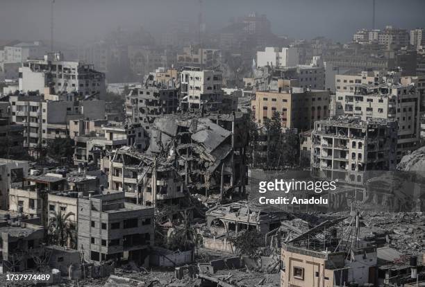 View of rubbles as the Israeli airstrikes continue on its 16th day in Gaza City, Gaza on October 22, 2023.