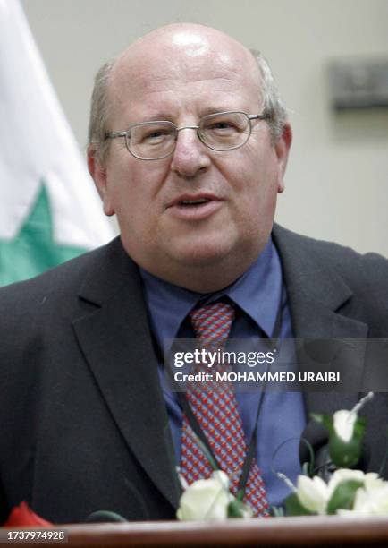 British parliament member Mike Gapes speaks during a press conference after he and other members of Britain's parliament met with Iraq's outgoing...