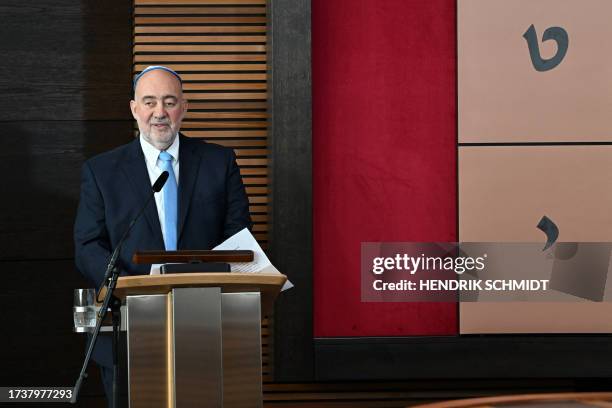 Israel's ambassador to Germany Ron Prosor addresses guests during the inauguration of the Weill-Synagogue in in Dessau-Rosslau, eastern Germany on...