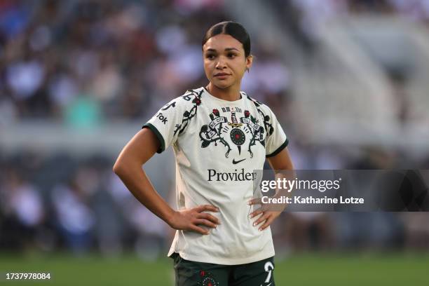 Sophia Smith of the Portland Thorns looks on during a game against Angel City FC at BMO Stadium on October 15, 2023 in Los Angeles, California.