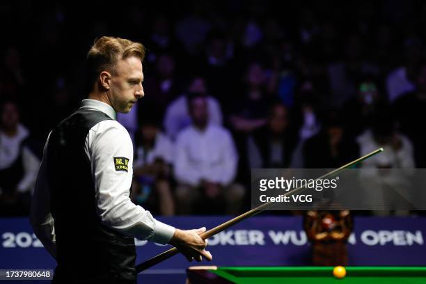 Judd Trump of England reacts in the Final match against Ali Carter of England on day 7 of 2023 Wuhan Open at Wuhan Gymnasium on October 15, 2023 in...