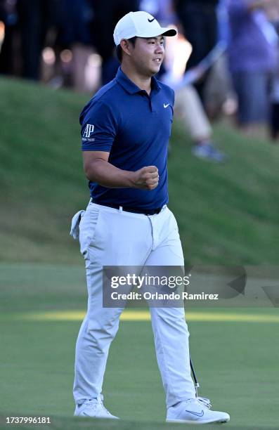 Tom Kim of South Korea reacts to his winning putt on the 18th green during the final round of the Shriners Children's Open at TPC Summerlin on...