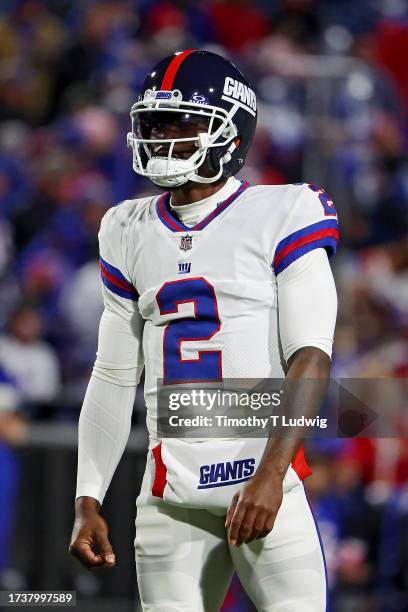 Tyrod Taylor of the New York Giants looks on before a game against the Buffalo Bills at Highmark Stadium on October 15, 2023 in Orchard Park, New...