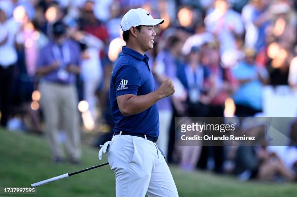 Tom Kim of South Korea reacts to his winning putt on the 18th green during the final round of the Shriners Children's Open at TPC Summerlin on...