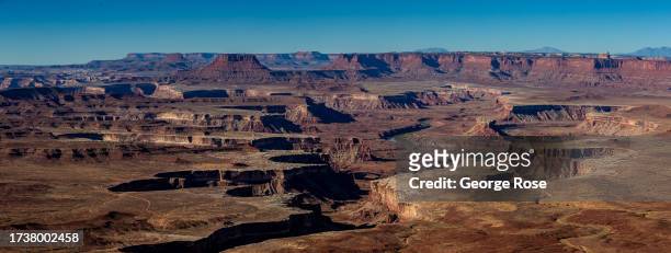 The Grand View Point Overlook provides a wide view of the Colorado River and Green River confluence from the Island in the Sky section of the Park on...
