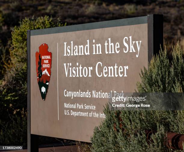 The entrance sign at the Island in the Sky entrance of Canyonlands National Park is viewed on October 5, 2023 near Moab, Utah. Canyonlands National...