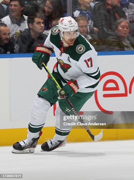 Marcus Foligno of the Minnesota Wild skates against the Toronto Maple Leafs during the third period in an NHL game at Scotiabank Arena on October 14,...