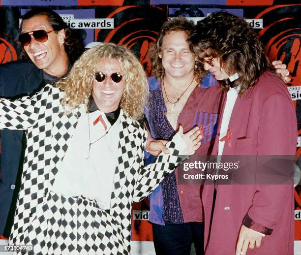 Alex Van Halen, Sammy Hagar, Michael Anthony, and Eddie Van Halen of Van Halen at the 1992 MTV Video Music Awards, 9th September 1992.