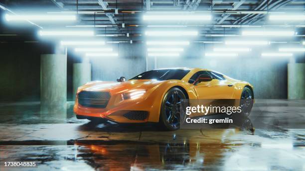 empty garage with modern sports car - luxury cars stock pictures, royalty-free photos & images