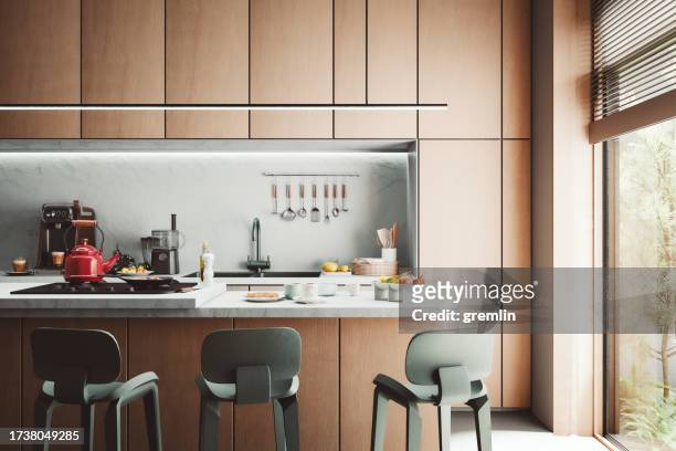 modern kitchen in the morning - kookeiland stockfoto's en -beelden