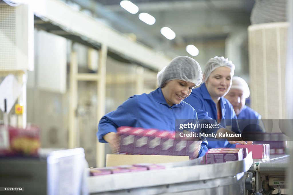 Workers on packing line in biscuit factory