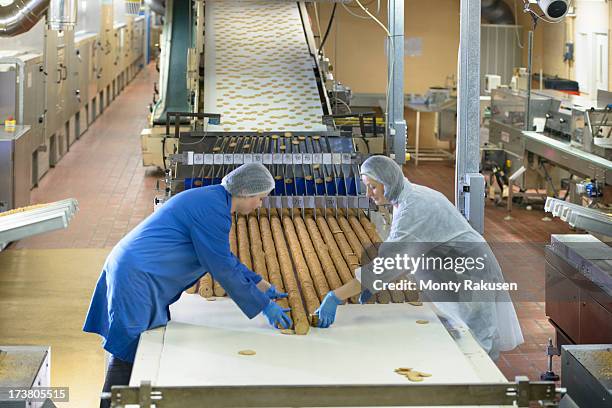 workers on packing line in biscuit factory - scottish food stock pictures, royalty-free photos & images