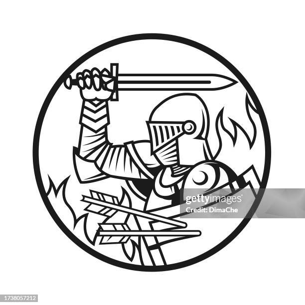 warrior knight in armor with sword and shield in circle - outline vector icon - sword stock illustrations