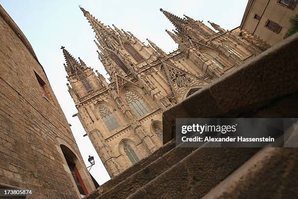 General view at the Cathedral of the Holy Cross and Saint Eulalia also known as Barcelona Cathedral on July 17, 2013 in Barcelona, Spain.