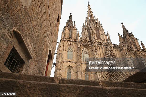 General view at the Cathedral of the Holy Cross and Saint Eulalia also known as Barcelona Cathedral on July 17, 2013 in Barcelona, Spain.