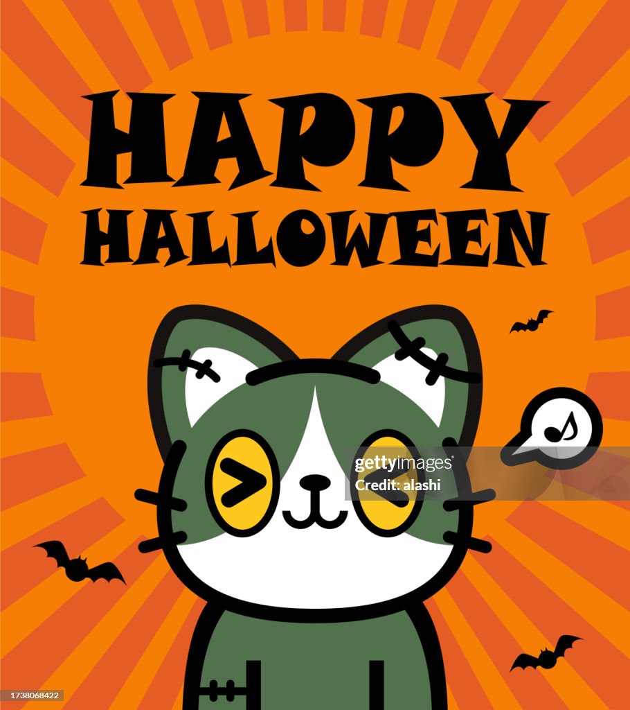 Cute Halloween character design of a zombie calico cat